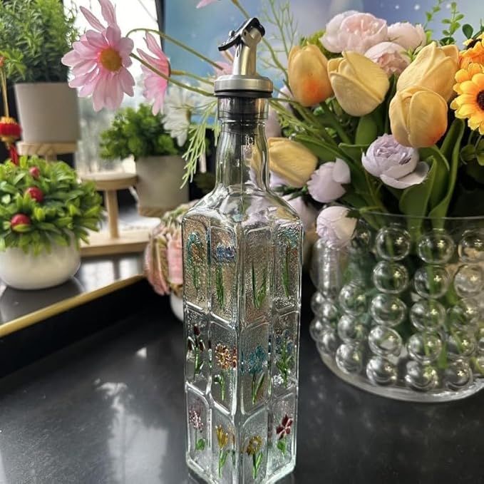 Glass Olive Oil Bottle Dispenser with Stainless Steel Nozzle Plug, 500ml Flowers Bouquet Embossed Square Oil and Vinegar Cruet, Decorative Oil Dispensers Carafe Decanter for Kitchen, 16.9 oz(Colorful)