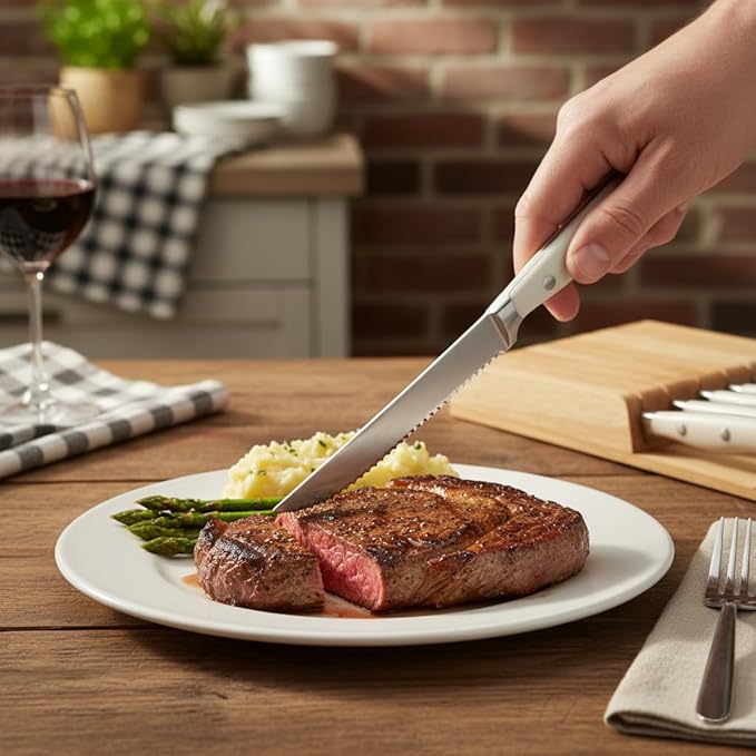 Alata 8-Piece White Steak Knives Set with Block, Stainless Steel Steak Knife set with Serrated Edge, Razor-Sharp, Full-Tang Construction