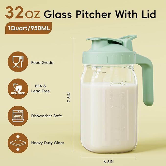 Breast Milk Pitcher - 32 oz Glass Mason Jar with Dual Leak-Proof Design, Airtight Seal, Pour Spout & Handle, Storage Container for Breastmilk, Iced Tea & Ice Drinks（Green）