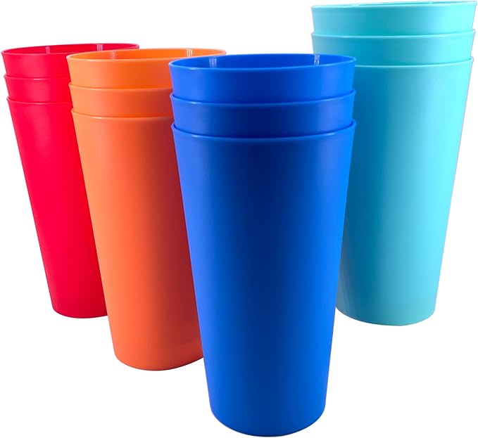 32 oz Large Plastic Cups Reusable, Big Drinking Cups for Kitchen, Stackable Water Tumblers, BPA-free, Dishwasher Safe, Unbreakable Bright Colors set of 12 Indoor Outdoor Use