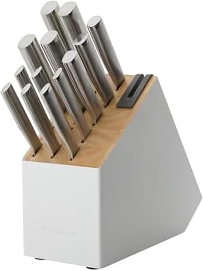 KitchenAid Slim Two-Tone Knife Block Set with Built-In Knife Sharpener, High Carbon Stainless Steel Kitchen Knives, Sharp Kitchen Knife Set with Block, 14-Piece, White