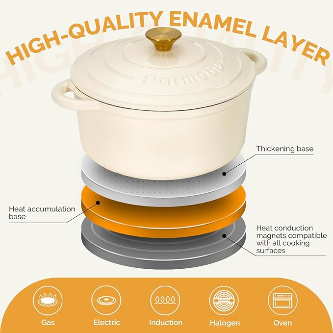 Parmedu 5.5QT Enameled Cast Iron Dutch Oven with Lid, Cream White Heavy Duty Pot for Sourdough, Bread Baking, Soup, Stews & Roasting with Recipe, Heat-Resistant Grips, Potholder, Cleaning Sponge