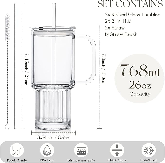 KEMORELA 2-Pack 26oz Ribbed Glass Tumblers with Handle and Lid – Large Aesthetic Iced Coffee Cups with Straws, Modern Textured Glass Mugs for Smoothies, Tea, Juice & Cold Beverages, Dishwasher Safe