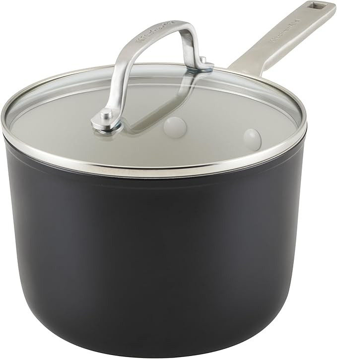 KitchenAid Hard Anodized Ceramic Nonstick Cookware Sauce Pan with Lid, 3 Quart - Matte Black