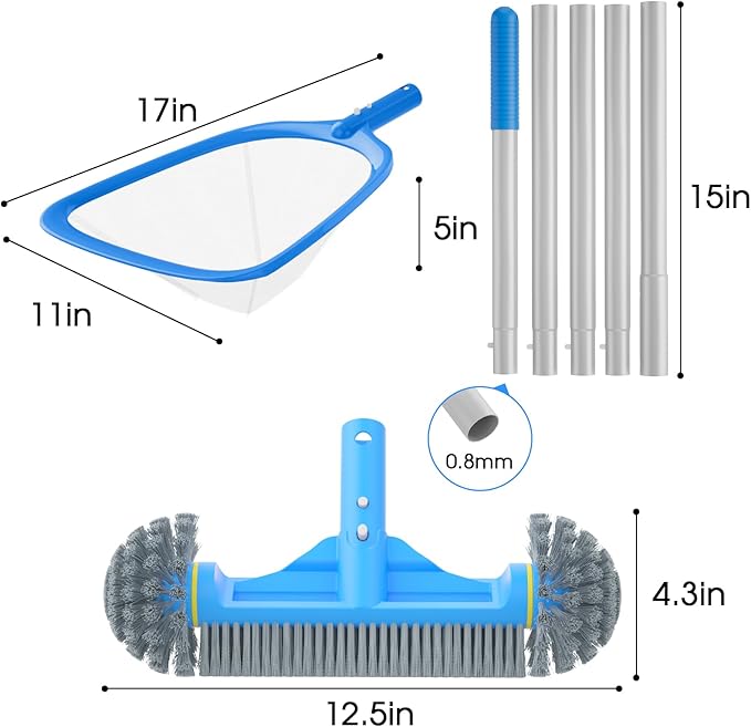 TidyMister 3PCS Cleaning Kit - 12.5'' Brush With Round End & 11'' Skimmer Net Fine Mesh & 5.7 Feet Thick Aluminum Pole 5-Segment, for Above Ground & Inground Pools Ponds