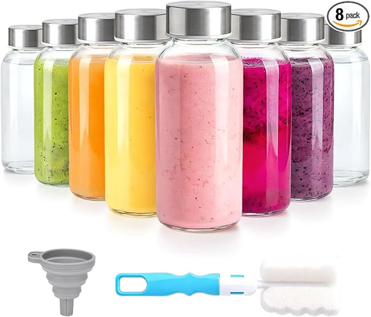 Zukro 8 oz Glass Water Bottles with Lids, Reusable Clear Juice Bottles With Stainless Steel Airtight Cap for Juicing, Ginger Shot, Milk, 250ml Leak Proof Small Smoothie Container, BPA Free, Set of 8