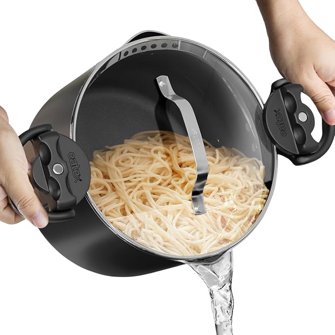 EATEX Pasta Pot with Strainer Lid - 5 Quart Multipurpose Stock Pot, Simmer Spaghetti Pot with Pasta Strainer Lid - Twist & Lock Handles, Nonstick Ceramic Stainless Steel Pot, Tempered Glass Lid Black