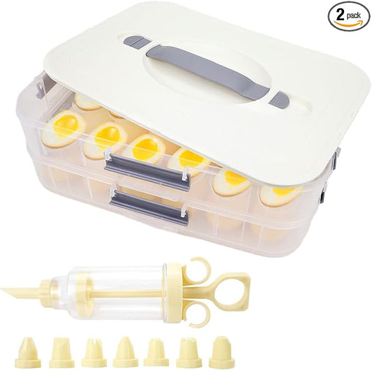 2-Layer Deviled Egg Containers With Lid,36PCS Deviled Egg Tray Carrier with Handl Injector Piping Tool,Portable Stackable Egg Holder Platter Holder Organizer for Refrigerator Party Picnic Travel Event