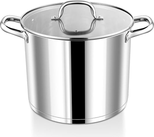 P&P CHEF 10 QT Stock Pot with Lid, Stainless Steel Large Cooking Pot, Soup Canning Stockpot for Stewing Simmering, Tri-ply Bottom for All Stoves, Heavy-Duty &Dishwasher Safe & Food-Grade