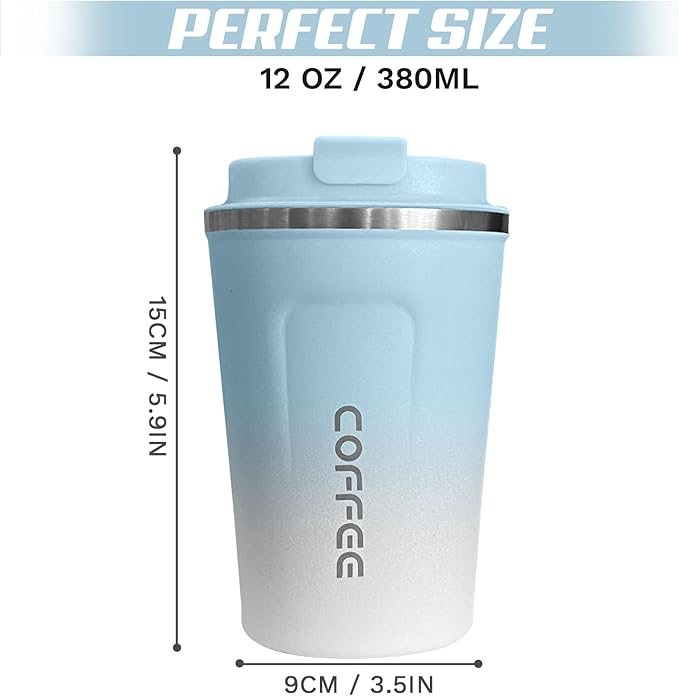 Travel Coffee Mugs Leak-Proof, Reusable Coffee Cups with Lids, Stainless Steel Vacuum Insulated Coffee Tumblers, Thermal Insulation Cup for Men & Women Hot & Cold Drinks(2nd-Blue White, 12OZ)