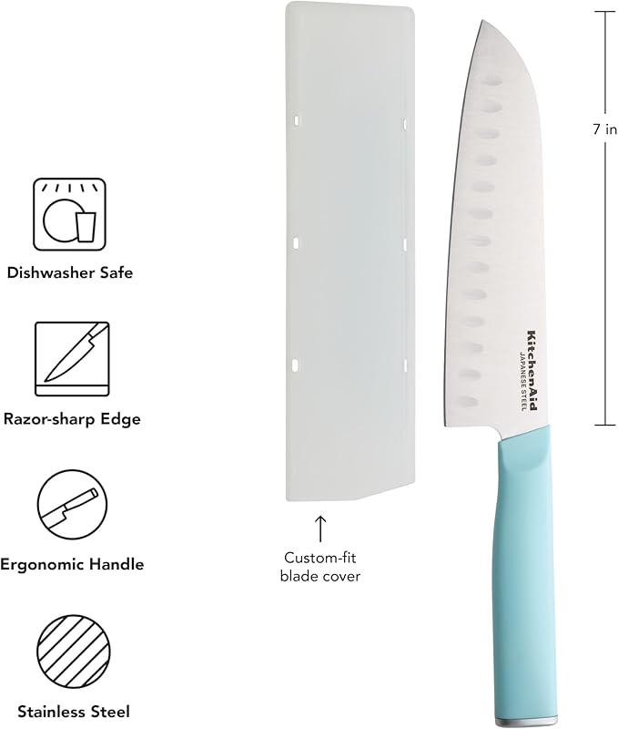 KitchenAid Gourmet Forged Santoku Knife with Custom-Fit Blade Cover, Sharp Kitchen Knife, High-Carbon Japanese Stainless Steel Blade, 7 Inch, Blue