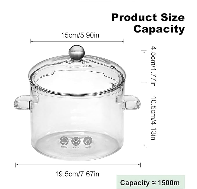 Glass Saucepan with Cover, Transparency Stovetop Pot,Dual Handles Pan with Lid for Pasta Noodle, Soup, Milk, Baby Food making or heating 1.35L/1.5L/1.9L (1.5L)