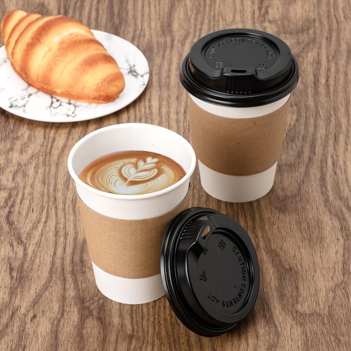 RACETOP 12 oz 100 Pack Disposable Paper Coffee Cups with Lids and Sleeves