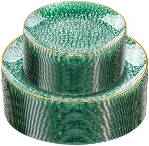 Rubtlamp 60 Green Plastic Plates, Hammered Clear and Gold Disposable Plates, Grenn Disposable Plates Include 30 Dessert Platos, 30 Dinner Platos for Party