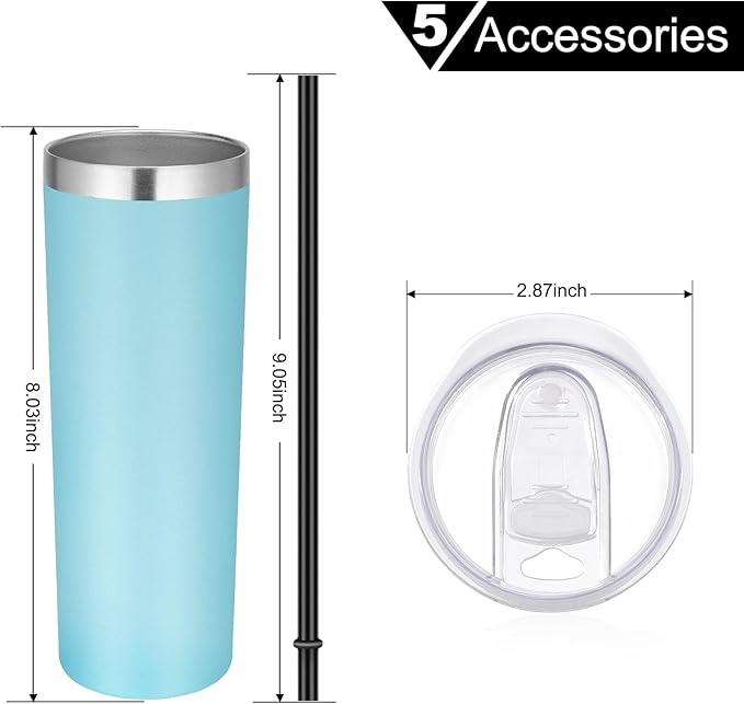 VEGOND Stainless Steel Skinny Tumbler, 20 oz Vacuum Insulated Tumbler with Lid and Straw, Double Wall Coffee Cup, Travel Mug for Cold Hot Drinks, Blue 1 Pack