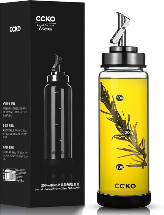 CCKO Glass Olive Oil Dispenser Bottle with Stainless Steel Spouts Shatterproof Glass Olive Oil Bottle 350ml Cooking Oil and Vinegar Cruet Bottle Container Carafe for Kitchen