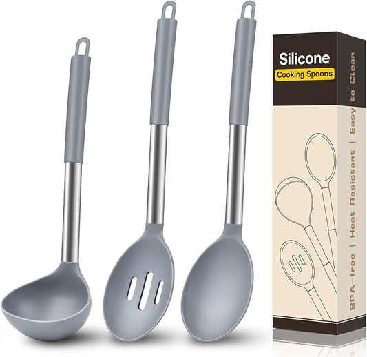 3Pcs Silicone Cooking Spoon Set, Kitchen Utensils Include Solid & Slotted Spoon, Soup Ladle, Food-Grade Heat Resistant 446°F, Non-Scratch Spoons for Serving, Stirring, Draining, Dishwasher Safe, Gray