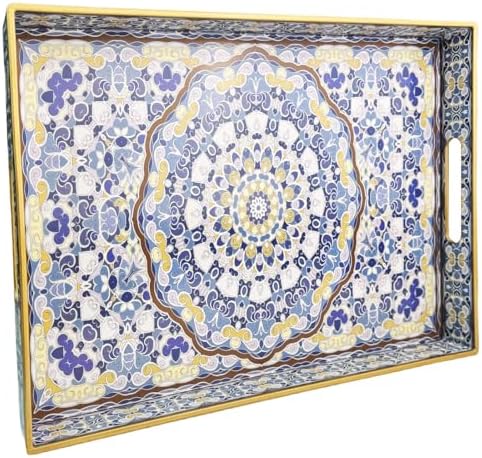 Blue Decorative Tray, Serving Tray with Handles, Plastic Large Tray for Coffee Table, Living Room, Decor, 15.7”*11.8”*1.6"