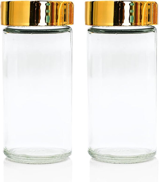 2pcs Gold Spice Jars, 3 oz Glass Seasoning Bottles, Spices Container, Empty Spice Jars, Round Spice Bottles with Airtight Plastic Caps with Shaker Lids (2, gold)
