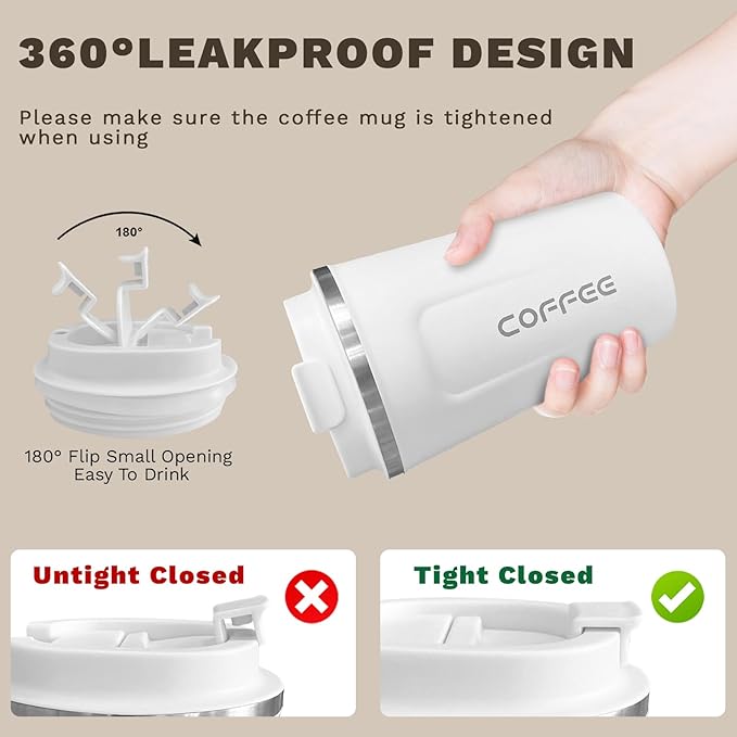 Travel coffee mugs leak-proof, reusable coffee cups with lids, stainless steel vacuum insulated coffee tumblers, thermal insulation cups for men & women keep drinks hot & cold(2nd-White, 12OZ)