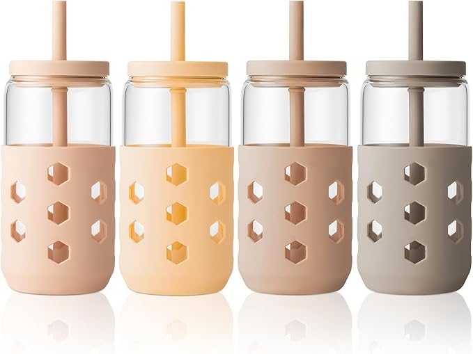 Glass Cups with Lids and Straws (4 Pack), 16oz Drinking Glasses Set with Silicone Sleeves for Coffee Bar Accessories Iced Coffee Cups with Lids, Glass Tumbler Reusable for Gifts