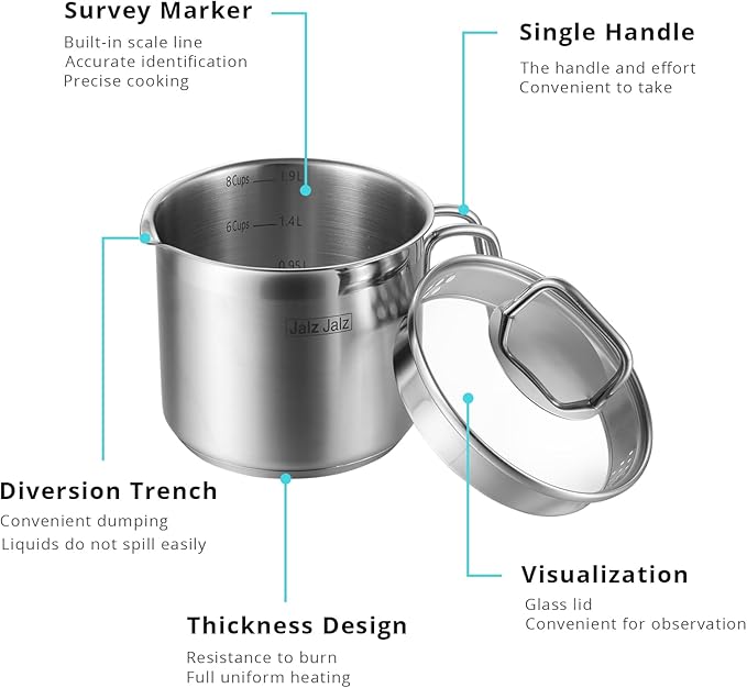 Small 2-Quart Stainless Steel Saucepan with Glass Lid - Compact Sauce Pan for Single Servings, Boiling Eggs, or Melting Butter - Induction Ready & Dishwasher Safe