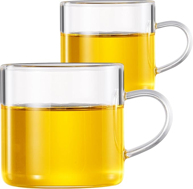 PARACITY Glass Tea Cups Set of 2, 4.3oz Clear High Borosilicate Glass Teacups with Handle, DIshwasher Safe Tea Cup for Espresso Cappuccino Latte Juice