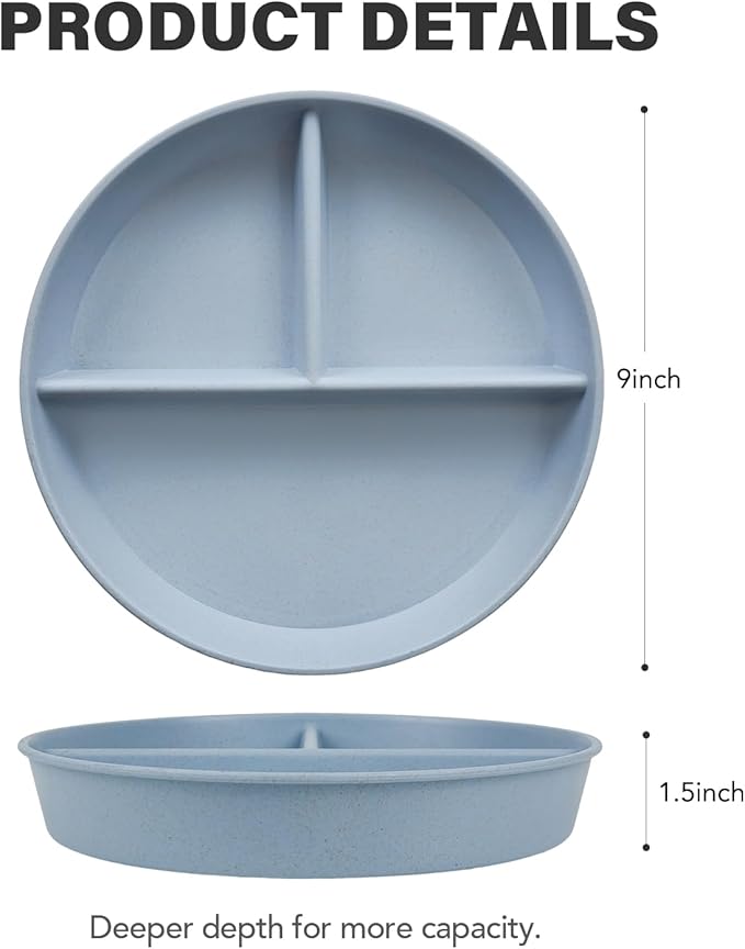 greenandlife 9 Inch 4PCS Divided Plates with Lids, Portion Control Plates for Kids Adults, Dishwasher Microwave Safe Compartment Plate, Unbreakable Lightweight Reusable Wheat Straw Plate, Blue