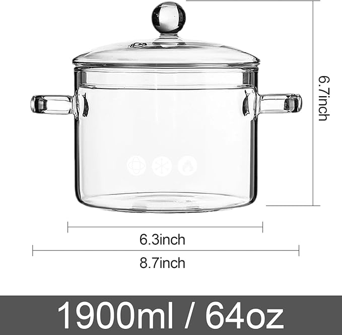 Clear Glass Pot, 1.9L, Cooking Pot with Lid and Handle, Clear Saucepan, Resistant Borosilicate Pot, Glass Saucepan for Cooking On Stove - Ideal for 1-2 People (64oz)