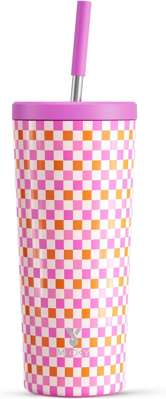 Meoky 24 oz Insulated Tumbler with Lid and Straw, Stainless Steel Vacuum Insulated Tumbler, Keeps Cold for 24 Hours, 100% Leak Proof, Fits in Car Cup Holder (Candy)