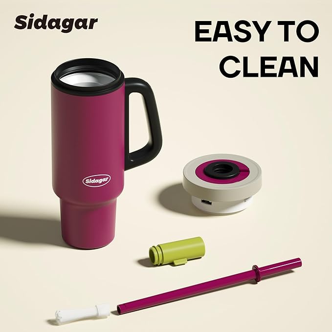 Tumbler with Handle,36 oz Ceramic Lined Travel Mug Water Bottle with Straw,Vacuum Insulated Stainless Steel Cup with Lid,Fits Cup Holder, Leak Resistant Press-in Lid, Purple