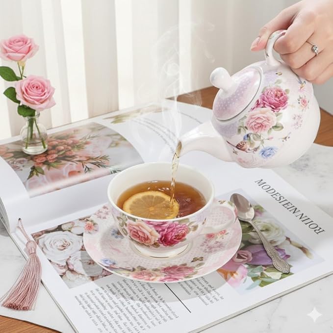 ONEUSTAR Tea for One Set Ceramic Floral Teapot and Cup Saucer Set for Women Mother's Day Birthday Gift in Reusable Handmade Gift Box, Pink