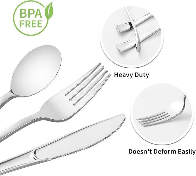 Goodluck 50 Pack Pre Rolled Silver Plastic Silverware, Wrapped Plastic Cutlery Set with Napkin Include 50 Forks, 50 Knives, 50 Spoons and 50 Napkins, Fancy Disposable Silverware for Party, Wedding