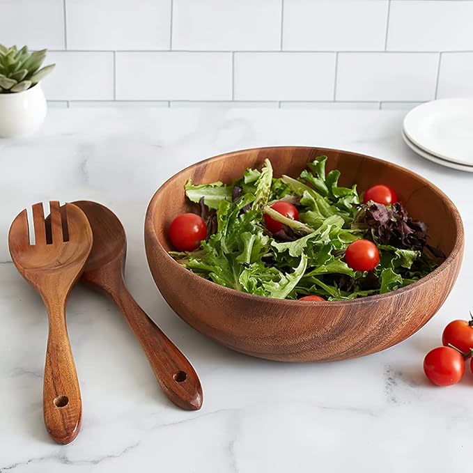 AOOSY Large Wooden Salad Bowl, Acacia Wood Salad Bowl with Salad Tongs, 9" x 2.8" Round Fruit Serving Bowl Set for Mixing Fruits Cereal Pasta,Set of 3