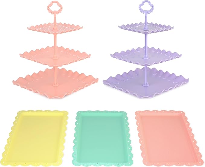 NWK 5 Piece Cake Stand Set with 2 x Large 3-Tier Cupcake Stands, 3 x Appetizer Trays, for Wedding Birthday Baby Shower Tea Party Decorations (Colorful)