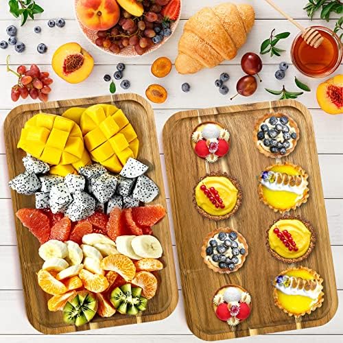 YOUEON Set of 2 Acacia Wood Serving Tray with Raised Edge, 14.2 x 9.5 Inch Rectangular Serving Tray, Appetizer Cheese Plate, Sandwich Dessert Trays, Wood Plates for Food, Coffee, Fruit, Cookie