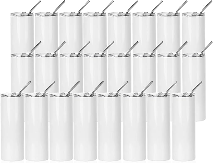 PYD Life 24 Pack Sublimation Tumblers Blanks Skinny 20 OZ White Straight Bulk Stainless Steel Cups with Metal Straw and Lid for Tumbler Heat Press Machine Sublimation Print