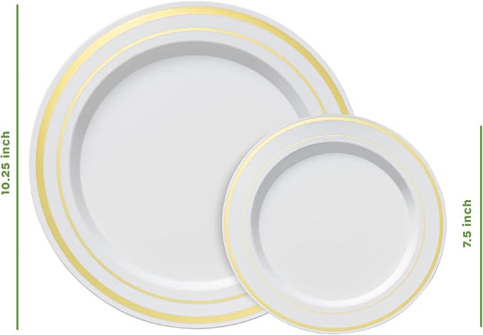 SETUP 60-Piece Gold Trim Plastic Dinnerware Set – 30 10.25" Dinner & 30 7.5" Salad Plates – Heavy-Duty Disposable for Weddings, Catering, Parties