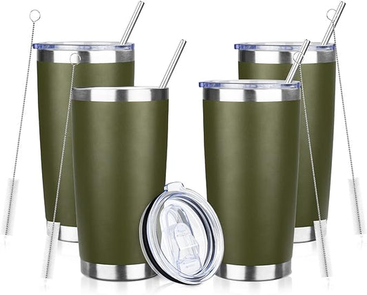 20oz Tumbler Bulk with Lid and Straw, Stainless Steel Double Wall Vacuum Insulated Travel Mug, Powder Coated Coffee Cups for Hot and Cold Drinks,Funny Gifts for Women Men(Navy Green,4)