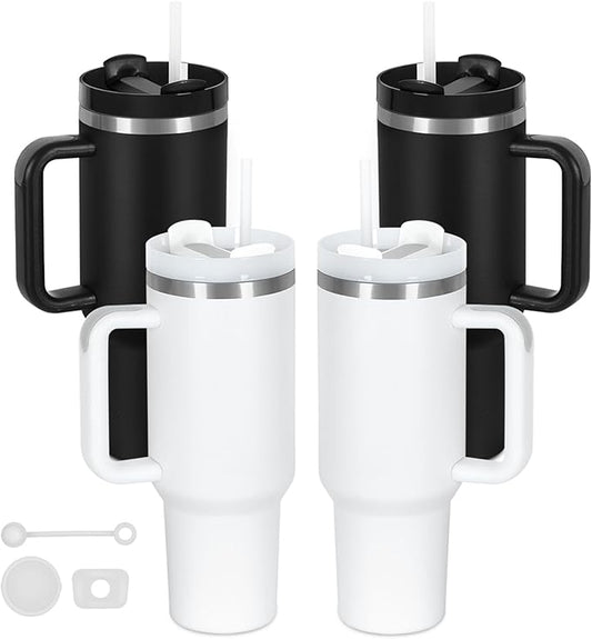 4 Pack 40 Oz Tumblers with Handle Bulk, Double Wall Vacuum Insulated Stainless Steel Tumblers with Lid and Straw, 40 oz Cups with Silicone Spill Proof Stopper Set (Black-2,White-2)