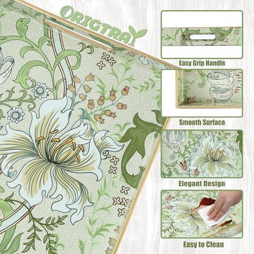 Serving Tray with Handles, Rectangular Plastic Tray with Floral Artwork – 15.75"x11.81" Large Decorative Tray Featuring Lily & Tulip Design – Home Decor for Kitchen, Coffee Table, Office & Home