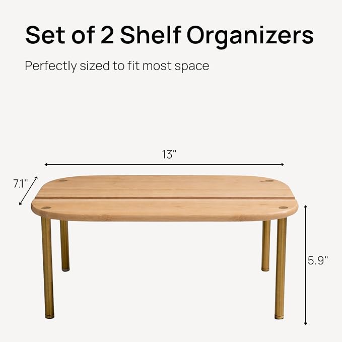 Ibyx Premium Kitchen Cabinet Organizer Shelf - Set of 2 Kitchen Counter Shelves - Stackable Shelf Racks for Cabinets - Bamboo Top with Metal Legs (Natural)