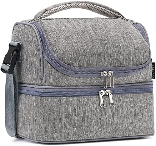 FlowFly Double Decker Cooler Insulated Lunch Bag Large Tote for Boys, Girls, Men, Women, With Adjustable Strap (Grey)