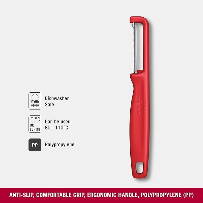 Victorinox Iota Peeler for Vegetables, Fruits, Serrated Edge, Extra Sharp, Swiss Made, Red