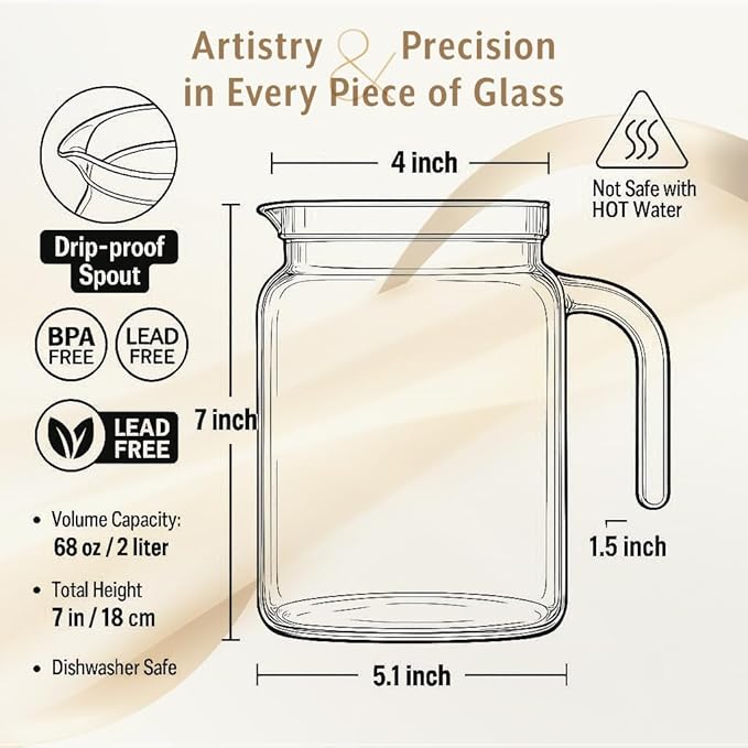 Hermetic Seal Glass Pitcher with Airtight Lid & Spout - 68oz Water Carafe for Homemade Juice, Iced Tea, Milk, Cold Brew Coffee, Lemonade - Fridge Door Jug Bottle with Handle, Clear Beverage Serveware