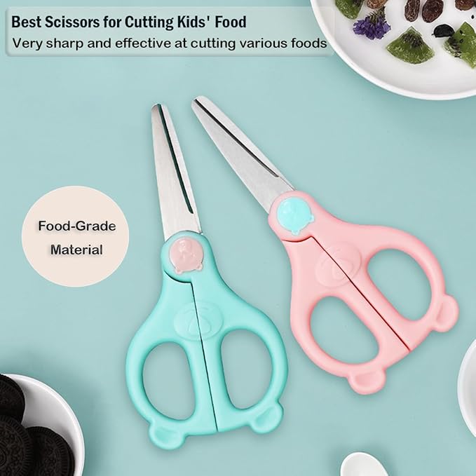 Baby Food Scissors Kicthen Shears,Kids Scissors Stainless Steel Scissors with Travel Storage Case - Ideal for Cutting Meat, Chicken, Vegetables, and Fruits(2Pack)