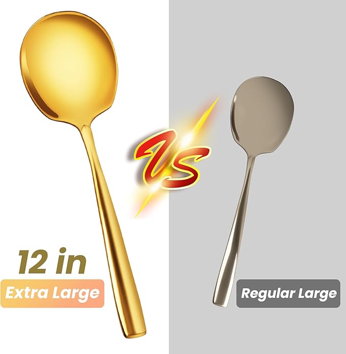 Gold Serving Spoons, Extra Large Serving Spoons Set- 12-Inch Stainless Steel Serving Utensils for Buffet for Buffet, Parties, Catering, Banquet - Dishwasher Safe (2-Pack, Gold)
