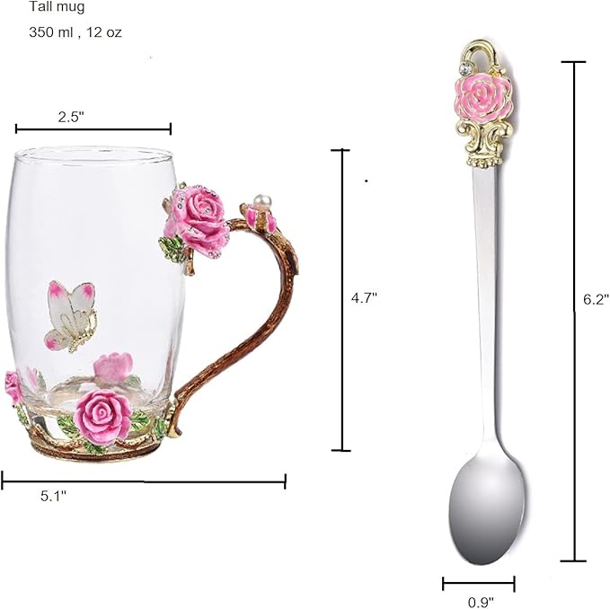 SUQ I OME Enamel Rose and Butterfly Flower Glass Tea Cup Glass Birthday Gifts For Women Mother Teacher Classmate Sister Wife with Spoon Beautiful Rose Flower Butterfly Christmas Valentines Wedding Day