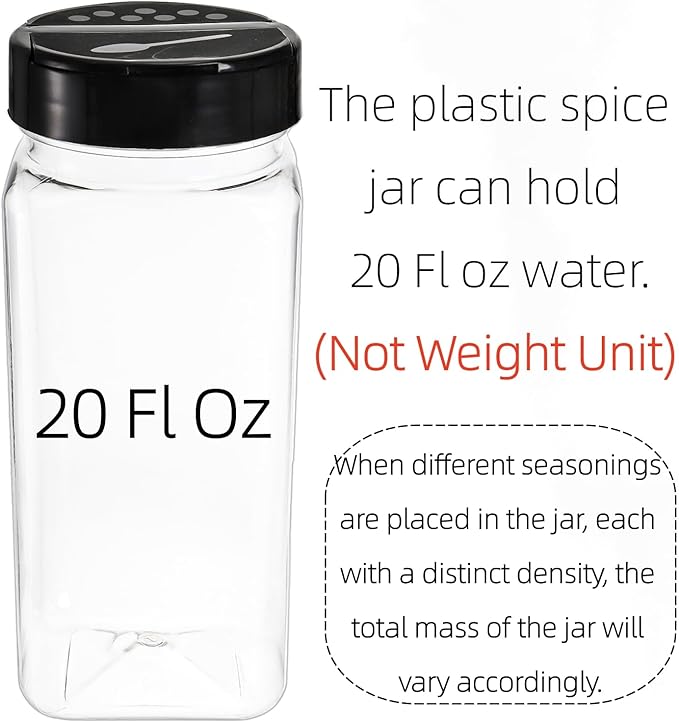 Hacaroa 16 Pack 20 Oz Plastic Spice Jars with Shaker/Pourer Lids, Square Large Empty Seasoning Containers Clear Spice Bottles for Dry Food, Condiments, Herbs, Powders