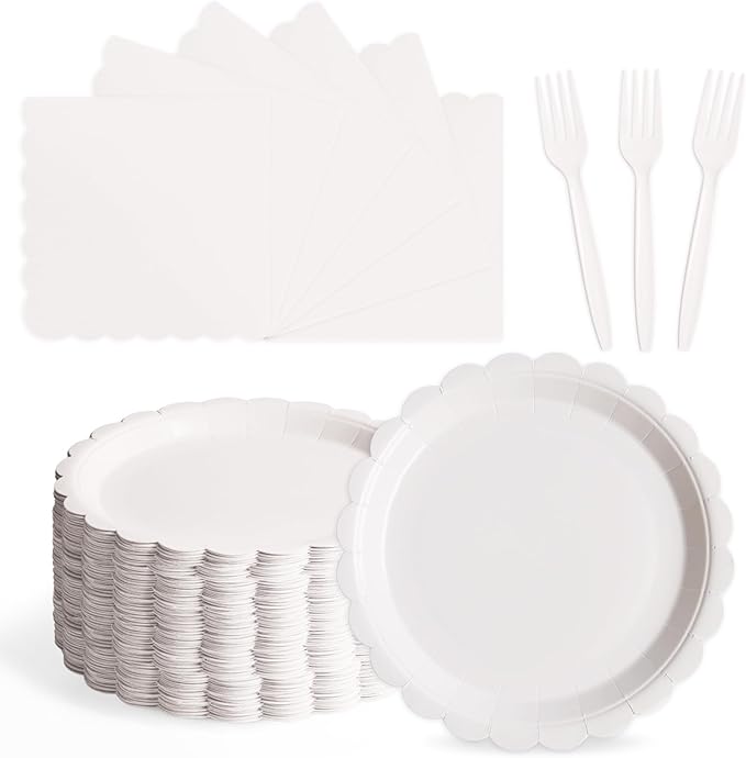 105PCS Paper Plates and Napkins Set,7 Inch Scalloped Disposable Tableware with Forks for Birthdays, Garden Parties & Outdoor Events,Serves 35 (White)